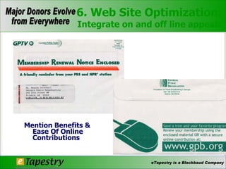 Mention Benefits & Ease Of Online Contributions 6. Web Site Optimization: Integrate on and off line appeals 