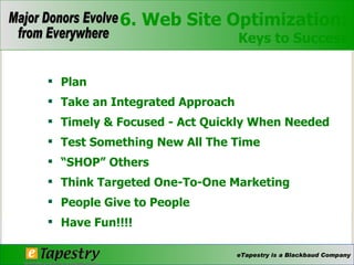 Plan Take an Integrated Approach  Timely & Focused - Act Quickly When Needed  Test Something New All The Time “ SHOP” Others Think Targeted One-To-One Marketing People Give to People Have Fun!!!! 6. Web Site Optimization: Keys to Success 