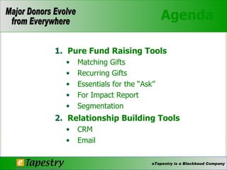 Agenda Pure Fund Raising Tools Matching Gifts Recurring Gifts Essentials for the “Ask” For Impact Report Segmentation Relationship Building Tools CRM Email 