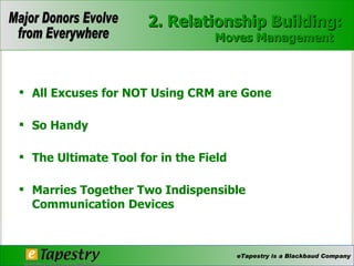 All Excuses for NOT Using CRM are Gone So Handy  The Ultimate Tool for in the Field  Marries Together Two Indispensible Communication Devices  2. Relationship Building: Moves Management   © 