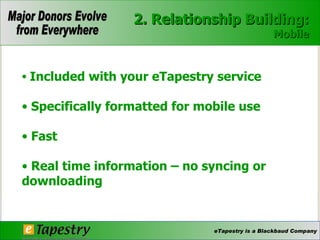 Included with your eTapestry service Specifically formatted for mobile use Fast Real time information – no syncing or downloading 2. Relationship Building: Mobile 