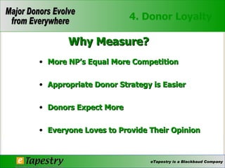 4. Donor Loyalty  Why Measure? More NP’s Equal More Competition Appropriate Donor Strategy is Easier Donors Expect More Everyone Loves to Provide Their Opinion  