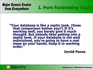 “ Your database is like a septic tank. (Does that comparison bother you?) If it's working well, you barely give it much thought. But nobody likes getting into a septic tank. If your database is not well maintained, you're going to have a real mess on your hands. Keep it in working order.” Jerold Panas 1. Pure Fundraising Tools 