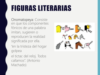 FIGURAS LITERARIAS
Onomatopeya: Consiste
en que los componentes
fónicos de una palabra
imitan, sugieren o
reproducen la realidad
significada por ella.
“en la tristeza del hogar
golpea
el tictac del reloj. Todos
callamos”. (Antonio
Machado)
 