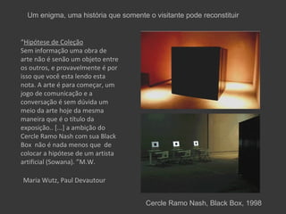 Um enigma, uma história que somente o visitante pode reconstituir


“Hipótese de Coleção
Sem informação uma obra de
arte não é senão um objeto entre
os outros, e provavelmente é por
isso que você esta lendo esta
nota. A arte é para começar, um
jogo de comunicação e a
conversação é sem dúvida um
meio da arte hoje da mesma
maneira que é o título da
exposição.. [...] a ambição do
Cercle Ramo Nash com sua Black
Box não é nada menos que de
colocar a hipótese de um artista
artificial (Sowana). ”M.W.

Maria Wutz, Paul Devautour


                                      Cercle Ramo Nash, Black Box, 1998
 