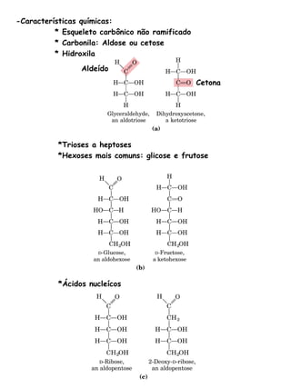 -Características químicas: * Esqueleto carbônico não ramificado * Carbonila: Aldose ou cetose * Hidroxila *Trioses a heptoses *Hexoses mais comuns: glicose e frutose *Ácidos nucleícos  Aldeído Cetona 