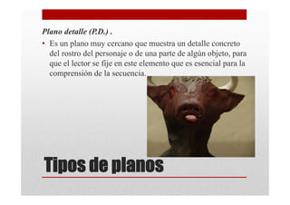 Plano detalle (P.D.) .
• Es un plano muy cercano que muestra un detalle concreto
  del rostro del personaje o de una parte de algún objeto, para
  que el lector se fije en este elemento que es esencial para la
  comprensión de la secuencia.




Tipos de planos
 