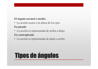 El ángulo normal o medio:
• La acción ocurre a la altura de los ojos
En picado
• La acción es representada de arriba a abajo
En contrapicado
• La acción es representada de abajo a arriba




Tipos de ángulos
 