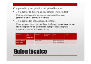 Comprensión y uso práctico del guion literario
• Dividiremos la historia en secuencias (numeradas)
  Una secuencia conforma una unidad dramática con
  planteamiento, nudo y desenlace.
• Dividiremos las secuencias en escenas
  Una escena es cada parte de la película que transcurre en un
  mismo espacio y en un mismo tiempo. Si hay ruptura
  temporal, estamos ante otra escena
  Secuencia            Plano           Encuadre        Movimiento /   Acción                   Texto
                       (estos se                       dirección
                       dibujan en el
                       story)
  Escena 1: Interior   1               Plano Detalle                  Manos entreverando las
  sala de juegos                                                      cartas y comenzando a
                                                                      repartir




Guion técnico
 