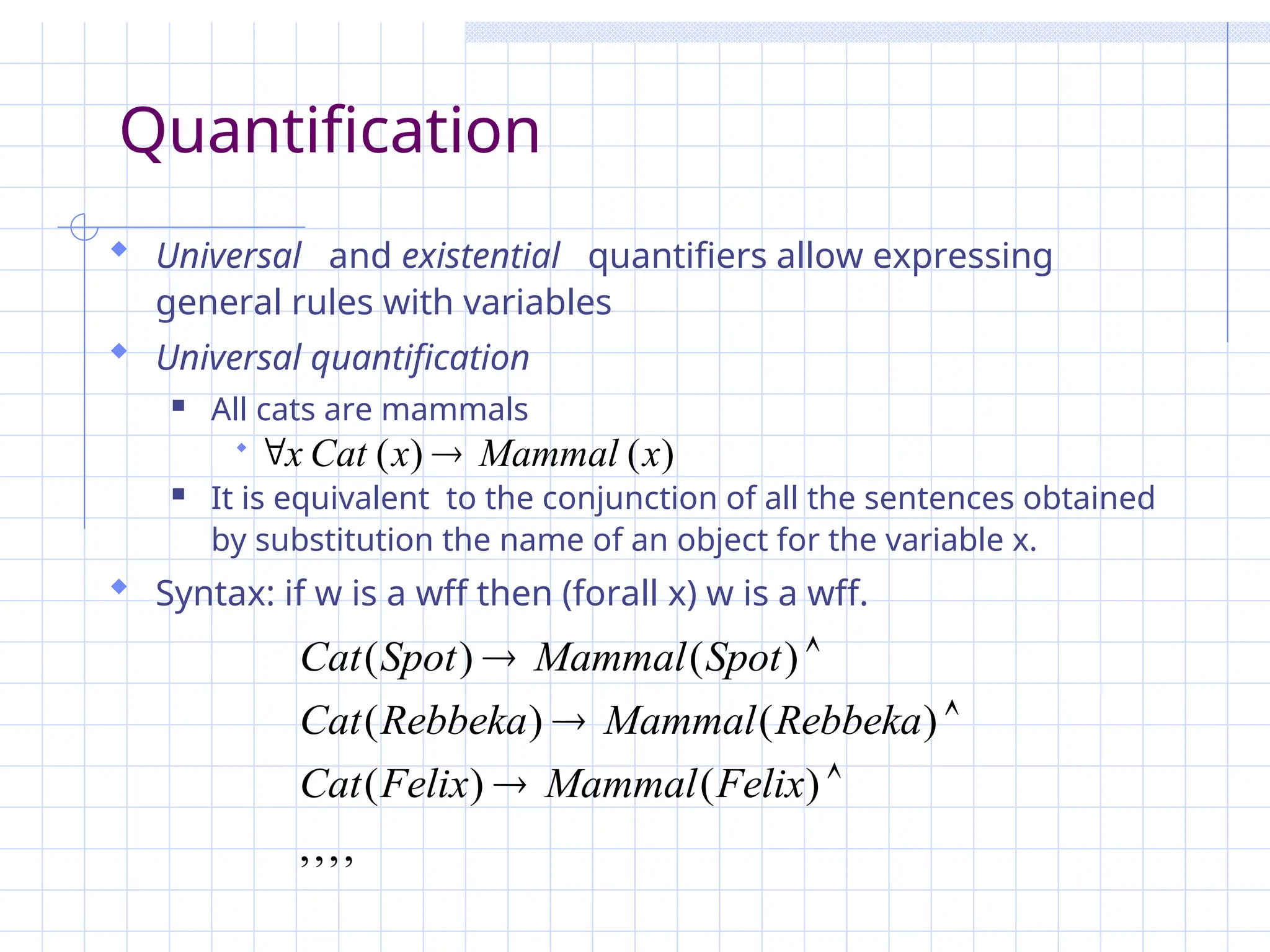 Quantification
 Universal and existential quantifiers allow expressing
general rules with variables
 Universal quantification
 All cats are mammals

 It is equivalent to the conjunction of all the sentences obtained
by substitution the name of an object for the variable x.
 Syntax: if w is a wff then (forall x) w is a wff.
)
(
)
( x
Mammal
x
Cat
x 

,
,
,
,
)
(
)
(
)
(
)
(
)
(
)
(






Felix
Mammal
Felix
Cat
Rebbeka
Mammal
Rebbeka
Cat
Spot
Mammal
Spot
Cat
 
