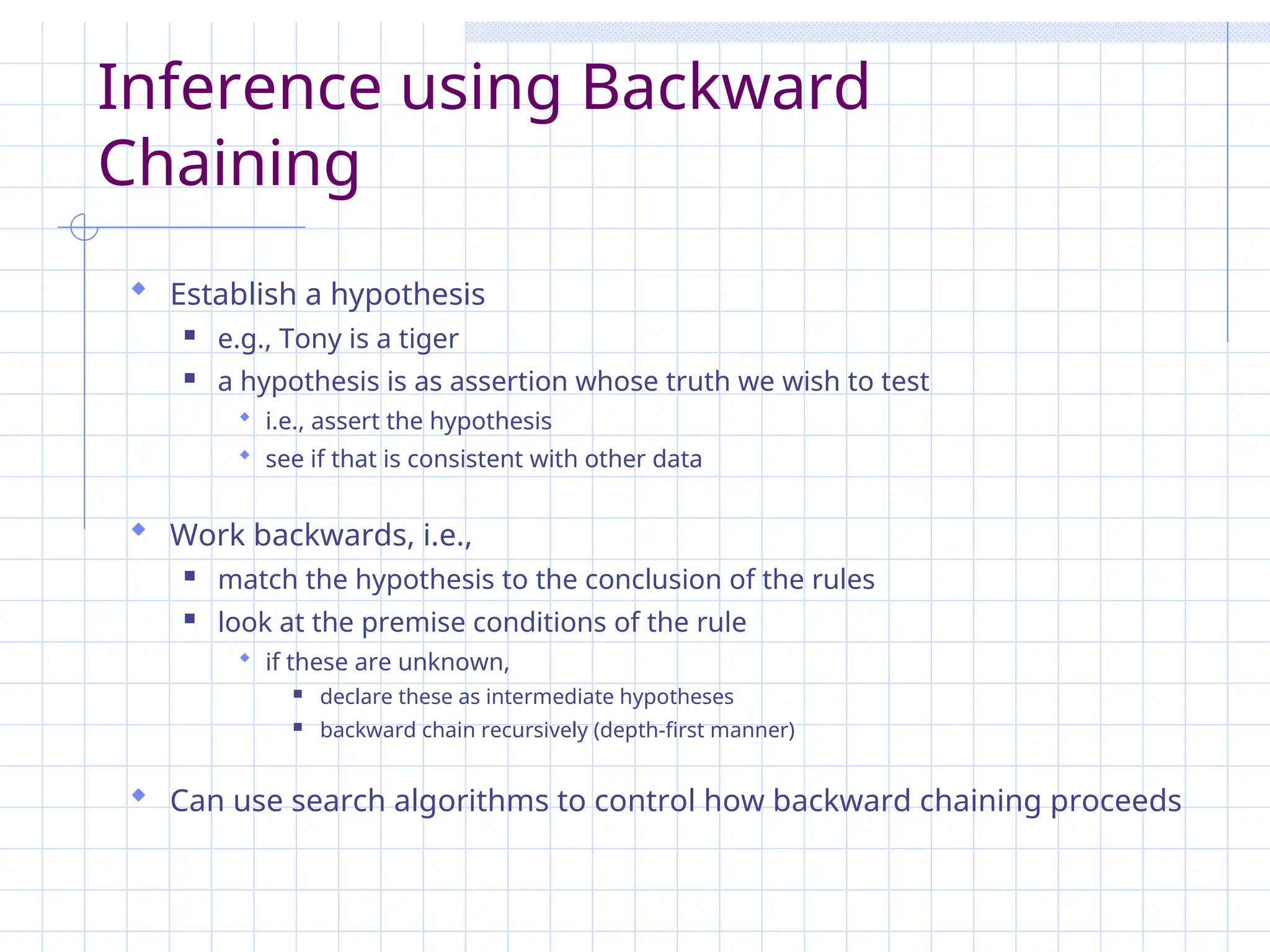 Inference using Backward
Chaining
 Establish a hypothesis
 e.g., Tony is a tiger
 a hypothesis is as assertion whose truth we wish to test
 i.e., assert the hypothesis
 see if that is consistent with other data
 Work backwards, i.e.,
 match the hypothesis to the conclusion of the rules
 look at the premise conditions of the rule
 if these are unknown,
 declare these as intermediate hypotheses
 backward chain recursively (depth-first manner)
 Can use search algorithms to control how backward chaining proceeds
 