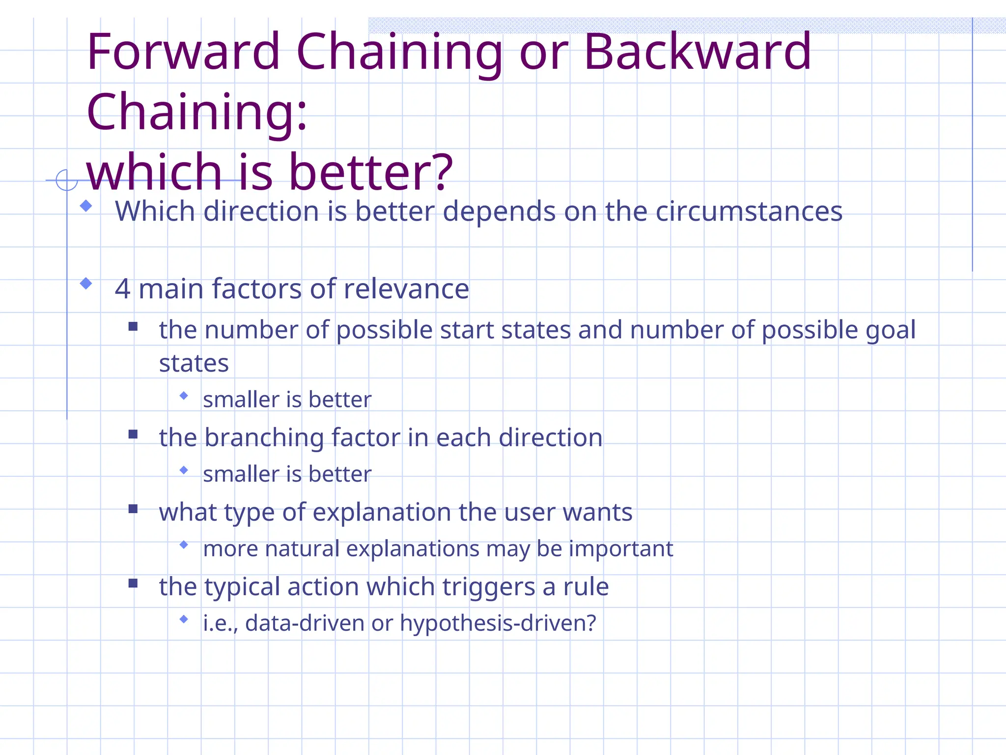 Forward Chaining or Backward
Chaining:
which is better?
 Which direction is better depends on the circumstances
 4 main factors of relevance
 the number of possible start states and number of possible goal
states
 smaller is better
 the branching factor in each direction
 smaller is better
 what type of explanation the user wants
 more natural explanations may be important
 the typical action which triggers a rule
 i.e., data-driven or hypothesis-driven?
 