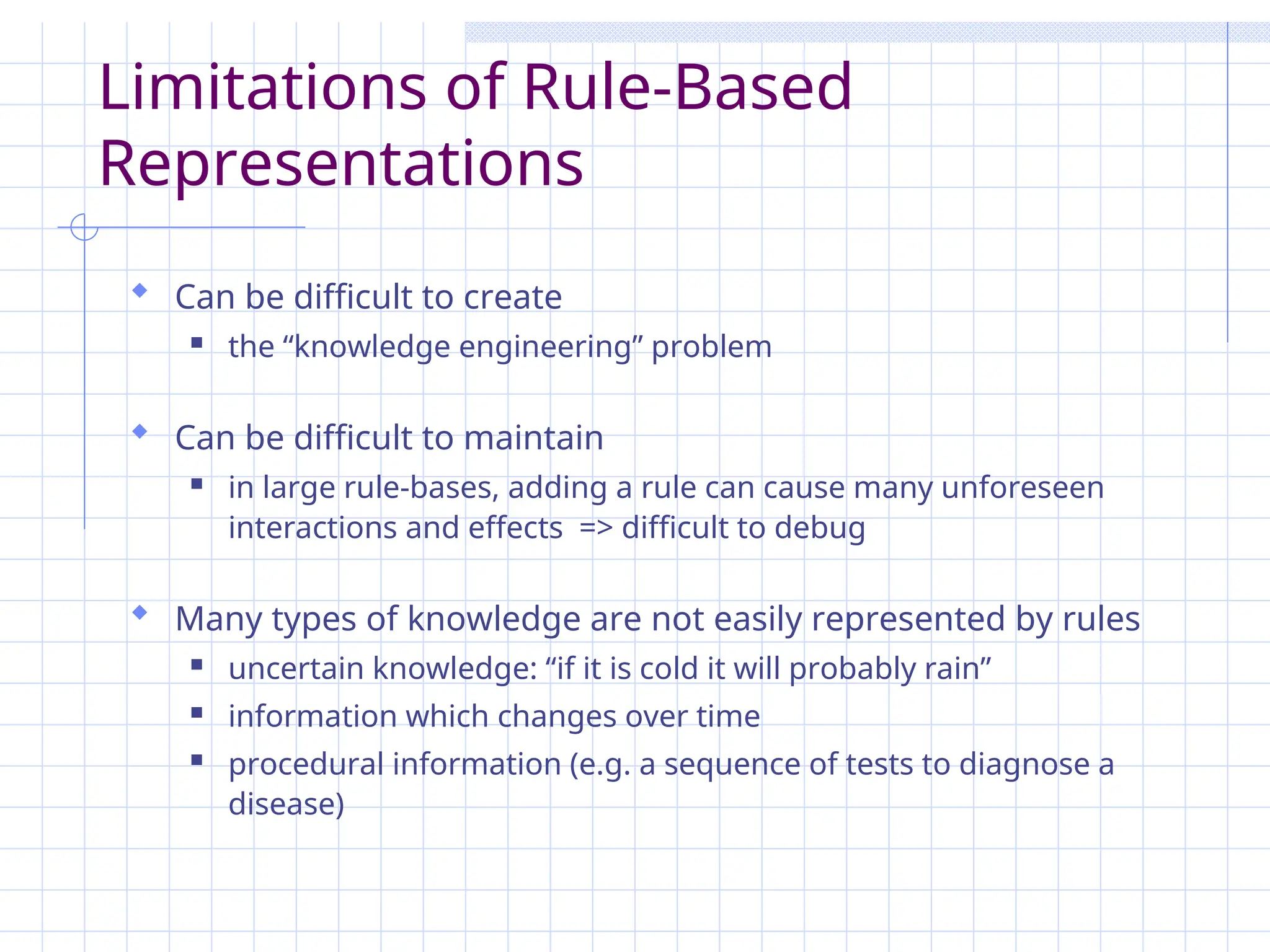 Limitations of Rule-Based
Representations
 Can be difficult to create
 the “knowledge engineering” problem
 Can be difficult to maintain
 in large rule-bases, adding a rule can cause many unforeseen
interactions and effects => difficult to debug
 Many types of knowledge are not easily represented by rules
 uncertain knowledge: “if it is cold it will probably rain”
 information which changes over time
 procedural information (e.g. a sequence of tests to diagnose a
disease)
 