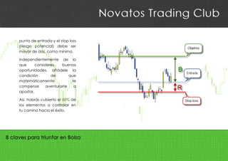  
punto de entrada y el stop loss
(riesgo potencial) debe ser
mayor de dos, como mínimo.
Independientemente de lo
que consideres buenas
oportunidades, añádele la
condición de que
matemáticamente te
compense aventurarte a
apostar.
Así, habrás cubierto el 50% de
los elementos a controlar en
tu camino hacia el éxito.
 