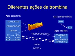 Diferentes ações da trombina
Ação coagulante                    Ação antifibrinolitica

  PLAQUETAS                              TAFI

FIBRINOGENIO
                                                     FXa
    FIBRINA                         Ação inibidora
                  TROMBOMODULINA
 FV       FVa                         PROTEINA C
FVIII    FVIIIa
FXIII    FXIIIa                      PROTEINA Ca
                                     PROTEINA S
                    EPCR
                   FATOR V
 