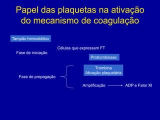Papel das plaquetas na ativação
  do mecanismo de coagulação
Tampão hemostático

                        Células que expressam FT
  Fase de iniciação
                                        Protrombinase

                                           Trombina
                                      Ativação plaquetária
   Fase de propagação

                                    Amplificação             ADP e Fator XI
 