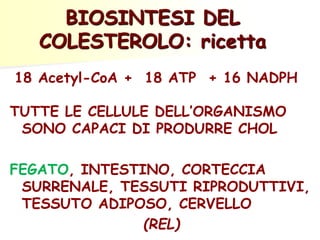 BIOSINTESI DEL
COLESTEROLO: ricetta
18 Acetyl-CoA + 18 ATP + 16 NADPH
TUTTE LE CELLULE DELL’ORGANISMO
SONO CAPACI DI PRODURRE CHOL
FEGATO, INTESTINO, CORTECCIA
SURRENALE, TESSUTI RIPRODUTTIVI,
TESSUTO ADIPOSO, CERVELLO
(REL)
 