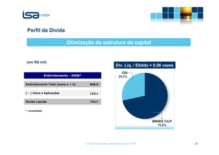 Perfil da Dívida

                            Otimização da estrutura de capital


(em R$ mil)
                                                                Dív. Líq. / Ebitda = 0,56 vezes
                                                                    CDI
                Endividamento - 2008*                             29,2%

Endividamento Total (soma a + b)           856,8


( - ) Caixa e Aplicações                   123,1


Dívida Líquida                             733,7


* consolidado




                                                                                    BNDES TJLP
                                                                                      70,8%




                                        © Todos os direitos reservados para CTEEP                 20
 