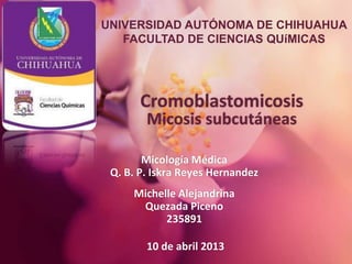 Cromoblastomicosis
Micosis subcutáneas
Micología Médica
Q. B. P. Iskra Reyes Hernandez
Michelle Alejandrina
Quezada Piceno
235891
10 de abril 2013
UNIVERSIDAD AUTÓNOMA DE CHIHUAHUA
FACULTAD DE CIENCIAS QUíMICAS
 