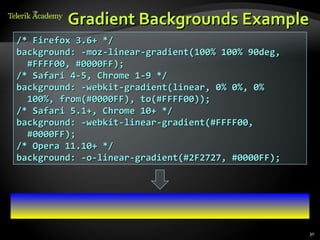 Gradient Backgrounds Example
/* Firefox 3.6+ */
background: -moz-linear-gradient(100% 100% 90deg,
  #FFFF00, #0000FF);
/* Safari 4-5, Chrome 1-9 */
background: -webkit-gradient(linear, 0% 0%, 0%
  100%, from(#0000FF), to(#FFFF00));
/* Safari 5.1+, Chrome 10+ */
background: -webkit-linear-gradient(#FFFF00,
  #0000FF);
/* Opera 11.10+ */
background: -o-linear-gradient(#2F2727, #0000FF);




                                                    30
 