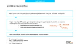 НАБЛЮДЕНИЯ
Сбор данных по каждому дню недели и часу по визитам и лидам. Расчет % конверсий
Через Z-критерий Фишера для каждого часа и дня недели рассчитывается, на сколько
необходимо повысить или понизить ставку:
• Минимальная корректировка 0%
• Максимальная корректировка 200%
Через интерфейс Яндекс.Директа наложение корректировки
• CR – коэффициент конверсии
• TotalCR – сумма всех целевых визитов
• σ – стандартное отклонение
• Visits – сумма всех визитов
Описание алгоритма
 