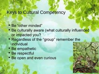 Keys to Cultural Competency
 Be “other minded”
 Be culturally aware (what culturally influenced
or impacted you?
 Regardless of the “group” remember the
individual
 Be empathetic
 Be respectful
 Be open and even curious
 
