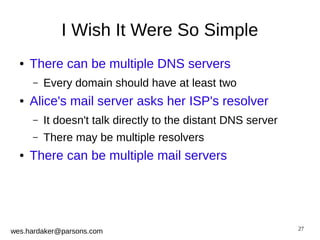 27 
I Wish It Were So Simple 
● There can be multiple DNS servers 
– Every domain should have at least two 
● Alice's mail server asks her ISP's resolver 
– It doesn't talk directly to the distant DNS server 
– There may be multiple resolvers 
● There can be multiple mail servers 
wes.hardaker@parsons.com 
 