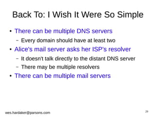 29 
Back To: I Wish It Were So Simple 
● There can be multiple DNS servers 
– Every domain should have at least two 
● Alice's mail server asks her ISP's resolver 
– It doesn't talk directly to the distant DNS server 
– There may be multiple resolvers 
● There can be multiple mail servers 
wes.hardaker@parsons.com 
 