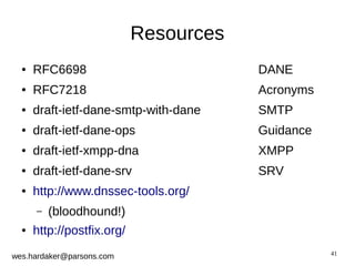 41 
wes.hardaker@parsons.com 
Resources 
● RFC6698 DANE 
● RFC7218 Acronyms 
● draft-ietf-dane-smtp-with-dane SMTP 
● draft-ietf-dane-ops Guidance 
● draft-ietf-xmpp-dna XMPP 
● draft-ietf-dane-srv SRV 
● http://www.dnssec-tools.org/ 
– (bloodhound!) 
● http://postfix.org/ 
 