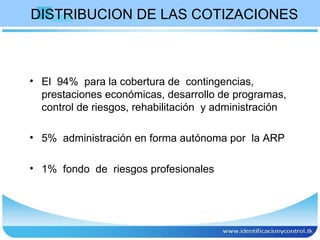 DISTRIBUCION DE LAS COTIZACIONES El  94%  para la cobertura de  contingencias, prestaciones económicas, desarrollo de programas, control de riesgos, rehabilitación  y administración 5%  administración en forma autónoma por  la ARP 1%  fondo  de  riesgos profesionales  