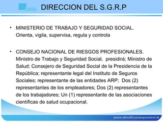 DIRECCION DEL S.G.R.P MINISTERIO DE TRABAJO Y SEGURIDAD SOCIAL.  Orienta, vigila, supervisa, regula y controla  CONSEJO NACIONAL DE RIESGOS PROFESIONALES. Ministro de Trabajo y Seguridad Social,  presidirá; Ministro de Salud; Consejero de Seguridad Social de la Presidencia de la República; representante legal del Instituto de Seguros Sociales; representante de las entidades ARP;  Dos (2) representantes de los empleadores; Dos (2) representantes de los trabajadores; Un (1) representante de las asociaciones científicas de salud ocupacional.  