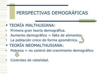 PERSPECTIVAS DEMOGRÁFICAS TEORÍA MALTHUSIANA: Primera gran teoría demográfica. Aumento demográfico = falta de alimentos. La población crece de forma geométrica. TEORÍA NEOMALTHUSIANA: Pobreza = no control del crecimiento demográfico Controles de natalidad. 