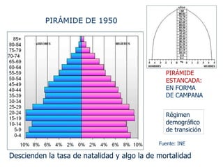 PIRÁMIDE DE 1950 PIRÁMIDE ESTANCADA:  EN FORMA DE CAMPANA Fuente: INE Descienden la tasa de natalidad y algo la de mortalidad Régimen demográfico de transición 