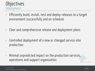 MedTech
Objectives
• Efficiently build, install, test and deploy releases to a target
environment successfully and on schedule
• Clear and comprehensive release and deployment plans
• Controlled deployment of a new or changed service into
production
• Minimal unpredicted impact on the production services,
operations and support organization
Dr. Lilia SFAXI
www.liliasfaxi.wix.com/liliasfaxi
Slide 4
Deployment
 