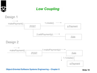 Low Coupling

Design 1
  makePayment()                         1:create()
                        :POST                                  p:Payment


                                2:addPayment(p)
                                                                  :Sale

Design 2

   makePayment()                     1:makePayment(p)
                         :POST                                     :Sale

                                                           1.1create()

                                                                 p:Payment

Object-Oriented Software Systems Engineering – Chapter 8                     Slide 19
 