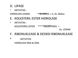 D. LIPASE
•  AKTIVITAS :
HIDROLISIS LEMAK           GLISEROL + 3. As. Bebas
E. KOLESTERIL ESTER HIDROLASE
•   AKTIVITAS :
    KOLESTEROL ESTER          KOLESTEROL +
                                          As. LEMAK
F. RIBONUKLEASE & DEOKSI RIBONUKLEASE
•      AKTIVITAS
    HIDROLISIS RNA & DNA
 