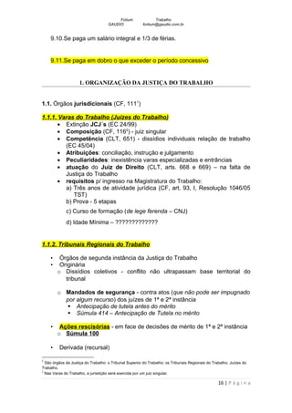 Fotium               Trabalho
                                     GAUDIO             fortium@gaudio.com.br


    9.10.Se paga um salário integral e 1/3 de férias.


    9.11.Se paga em dobro o que exceder o período concessivo


                     1. ORGANIZAÇÃO DA JUSTIÇA DO TRABALHO


1.1. Órgãos jurisdicionais (CF, 1111)

1.1.1. Varas do Trabalho (Juízes do Trabalho)
      • Extinção JCJ´s (EC 24/99)
      • Composição (CF, 1162) - juiz singular
      • Competência (CLT, 651) - dissídios individuais relação de trabalho
         (EC 45/04)
      • Atribuições: conciliação, instrução e julgamento
      • Peculiaridades: inexistência varas especializadas e entrâncias
      • atuação do Juiz de Direito (CLT, arts. 668 e 669) – na falta de
         Justiça do Trabalho
      • requisitos p/ ingresso na Magistratura do Trabalho:
         a) Três anos de atividade jurídica (CF, art. 93, I, Resolução 1046/05
            TST)
         b) Prova - 5 etapas
             c) Curso de formação (de lege ferenda – CNJ)
             d) Idade Mínima – ?????????????


1.1.2. Tribunais Regionais do Trabalho

    •    Órgãos de segunda instância da Justiça do Trabalho
    •    Originária
        o Dissídios coletivos - conflito não ultrapassam base territorial do
           tribunal

        o Mandados de segurança - contra atos (que não pode ser impugnado
          por algum recurso) dos juízes de 1ª e 2ª instância
           Antecipação de tutela antes do mérito
           Súmula 414 – Antecipação de Tutela no mérito

    •    Ações rescisórias - em face de decisões de mérito de 1ª e 2ª instância
        o Súmula 100

    •    Derivada (recursal)

1
  São órgãos da Justiça do Trabalho: o Tribunal Superior do Trabalho; os Tribunais Regionais do Trabalho; Juízes do
Trabalho.
2
  Nas Varas do Trabalho, a jurisdição será exercida por um juiz singular.

                                                                                                   16 | P á g i n a
 