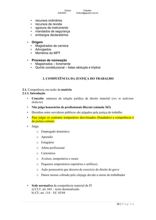 Fotium          Trabalho
                              GAUDIO        fortium@gaudio.com.br


       •     recursos ordinários
       •     recursos de revista
       •     agravos de instrumento
       •     mandados de segurança
       •     embargos declaratórios

   •       Origem
       •     Magistrados de carreira
       •     Advogados
       •     Membros do MPT

   •    Processo de nomeação
       • Magistrados – livremente
       • Quinto constitucional – listas sêxtupla e tríplice


                  2. COMPETÊNCIA DA JUSTIÇA DO TRABALHO


2.1. Competência em razão da matéria
2.1.1. Introdução
   •    Conceito: natureza da relação jurídica de direito material (res in iudicium
        deducta)
   •    Não julga honorários de profissionais liberais (súmula 363)
   •    Dissídios entre servidores públicos são julgados pela justiça do trabalho
   •    Para julgar os contratos temporários desvirtuados (fraudados) a competência é
        da justiça comum.
   •    Julga:
              o Empregado doméstico
              o Aprendiz
              o Estagiário
              o Atleta profissional
              o Cartorários
              o Avulsos, temporários e rurais
              o Pequenos empreiteiros (operários e artífices)
              o Ação possessória que decorra do exercício do direito de greve
              o Danos morais cobrado pelo cônjuge devido a morte do trabalhador


   •   Sede normativa da competência material da JT
       a) CLT, art. 643 – texto desatualizado
       b) CF, art. 114 – EC 45/04


                                                                            18 | P á g i n a
 
