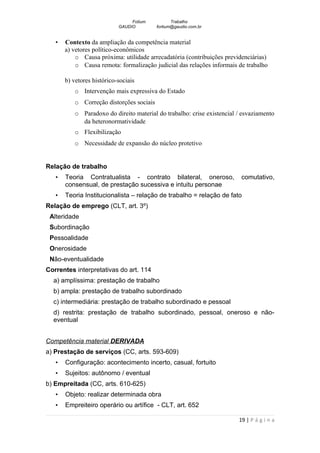 Fotium          Trabalho
                            GAUDIO        fortium@gaudio.com.br


   •   Contexto da ampliação da competência material
       a) vetores político-econômicos
           o Causa próxima: utilidade arrecadatória (contribuições previdenciárias)
           o Causa remota: formalização judicial das relações informais de trabalho

       b) vetores histórico-sociais
          o Intervenção mais expressiva do Estado
          o Correção distorções sociais
          o Paradoxo do direito material do trabalho: crise existencial / esvaziamento
            da heteronormatividade
          o Flexibilização
          o Necessidade de expansão do núcleo protetivo


Relação de trabalho
   •   Teoria Contratualista - contrato bilateral, oneroso,              comutativo,
       consensual, de prestação sucessiva e intuitu personae
   •   Teoria Institucionalista – relação de trabalho = relação de fato
Relação de emprego (CLT, art. 3º)
 Alteridade
 Subordinação
 Pessoalidade
 Onerosidade
 Não-eventualidade
Correntes interpretativas do art. 114
  a) amplíssima: prestação de trabalho
  b) ampla: prestação de trabalho subordinado
  c) intermediária: prestação de trabalho subordinado e pessoal
  d) restrita: prestação de trabalho subordinado, pessoal, oneroso e não-
  eventual


Competência material DERIVADA
a) Prestação de serviços (CC, arts. 593-609)
   •   Configuração: acontecimento incerto, casual, fortuito
   •   Sujeitos: autônomo / eventual
b) Empreitada (CC, arts. 610-625)
   •   Objeto: realizar determinada obra
   •   Empreiteiro operário ou artífice - CLT, art. 652

                                                                        19 | P á g i n a
 