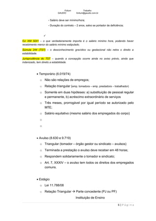 Fotium            Trabalho
                             GAUDIO          fortium@gaudio.com.br


                     - Salário deve ser mínimo/hora;
                     - Duração do contrato – 2 anos, salvo se portador de deficiência;


                 
OJ 358 SDI1 – o que verdadeiramente importa é o salário mínimo hora, podendo haver
recebimento menor do salário mínimo estipulado.
Súmula 244 (TST) – o desconhecimento gravídico ou gestacional não retira o direito a
estabilidade.
Jurisprudência do TST – quando a concepção ocorre ainda no aviso prévio, ainda que
indenizado, tem direito a estabilidade.



          • Temporário (6.019/74)
             o Não são relações de empregos;
             o   Relação triangular (emp. tomadora – emp. prestadora – trabalhador)
             o Somente em duas hipóteses: a) substituição de pessoal regular
               e permanente, b) acréscimo extraordinário de serviços
             o Três meses, prorrogável por igual período se autorizado pelo
               MTE;
             o Salário equitativo (mesmo salário dos empregados do corpo)
             o
             o


          • Avulso (8.630 e 9.719)

             o Triangular (tomador – órgão gestor ou sindicato – avulsos)
             o Terminada a prestação o avulso deve receber em 48 horas;
             o Respondem solidariamente o tomador e sindicato;
             o Art. 7, XXXIV – o avulso tem todos os direitos dos empregados
               comuns.


          • Estágio
             o Lei 11.788/08
             o   Relação Triangular  Parte concedente (PJ ou PF)
                                            Instituição de Ensino

                                                                                 6|Página
 