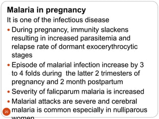 Malaria in pregnancy
It is one of the infectious disease
 During pregnancy, immunity slackens
resulting in increased parasitemia and
relapse rate of dormant exocerythrocytic
stages
 Episode of malarial infection increase by 3
to 4 folds during the latter 2 trimesters of
pregnancy and 2 month postpartum
 Severity of falicparum malaria is increased
 Malarial attacks are severe and cerebral
malaria is common especially in nulliparous
20
 