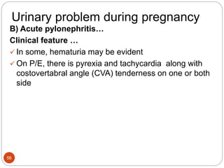 Urinary problem during pregnancy
B) Acute pylonephritis…
Clinical feature …
 In some, hematuria may be evident
 On P/E, there is pyrexia and tachycardia along with
costovertabral angle (CVA) tenderness on one or both
side
56
 