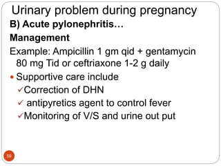 Urinary problem during pregnancy
B) Acute pylonephritis…
Management
Example: Ampicillin 1 gm qid + gentamycin
80 mg Tid or ceftriaxone 1-2 g daily
 Supportive care include
Correction of DHN
 antipyretics agent to control fever
Monitoring of V/S and urine out put
59
 