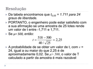 Resolução
 Da tabela encontramos que t0,05 = 1.711 para 24
graus de liberdade.
 PORTANTO, o engenheiro pode estar satisfeito com
a sua afirmação se uma amostra de 25 lotes rende
um valor de t entre -1,711 e 1,711.
 Se μ= 500, então:
 A probabilidade de se obter um valor de t, com v =
24, igual a ou maior do que 2,25 é de
aproximadamente 0,02. Se μ> 500, o valor de T
calculado a partir da amostra é mais razoável
25,2
25/40
500518


t
 