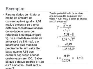 Exemplo:
 Para os dados de nitrato, a
média da amostra de
concentração é igual a 7,51
mg/L e encontra-se a uma
distância considerável abaixo
do verdadeiro valor de
referência 8,00 mg/L (Figura
2). Se a verdadeira média da
amostra é de 8,0 mg/L e o
laboratório está medindo
precisamente, um valor tão
baixo quanto 7,51 que
ocorrem por acaso apenas
quatro vezes em 100. Sabe-
se que o desvio padrão é 1,38
e 27 amostras. Qual será o
ns
X
T
/


27/38,1
851,7 
t
19,5/38,1
0,49-
t
842,1
0,2658
0,49-
t
“Qual a probabilidade de se obter
uma amostra tão pequenas com
média = 7,51 mg/L a partir da análise
das 27 amostras?"
 