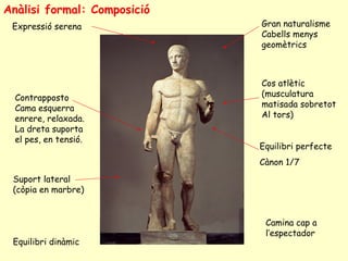 Anàlisi formal: Composició
 Expressió serena            Gran naturalisme
                             Cabells menys
                             geomètrics



                             Cos atlètic
  Contrapposto               (musculatura
  Cama esquerra              matisada sobretot
  enrere, relaxada.          Al tors)
  La dreta suporta
  el pes, en tensió.
                             Equilibri perfecte
                             Cànon 1/7
 Suport lateral
 (còpia en marbre)


                              Camina cap a
                              l’espectador
 Equilibri dinàmic
 