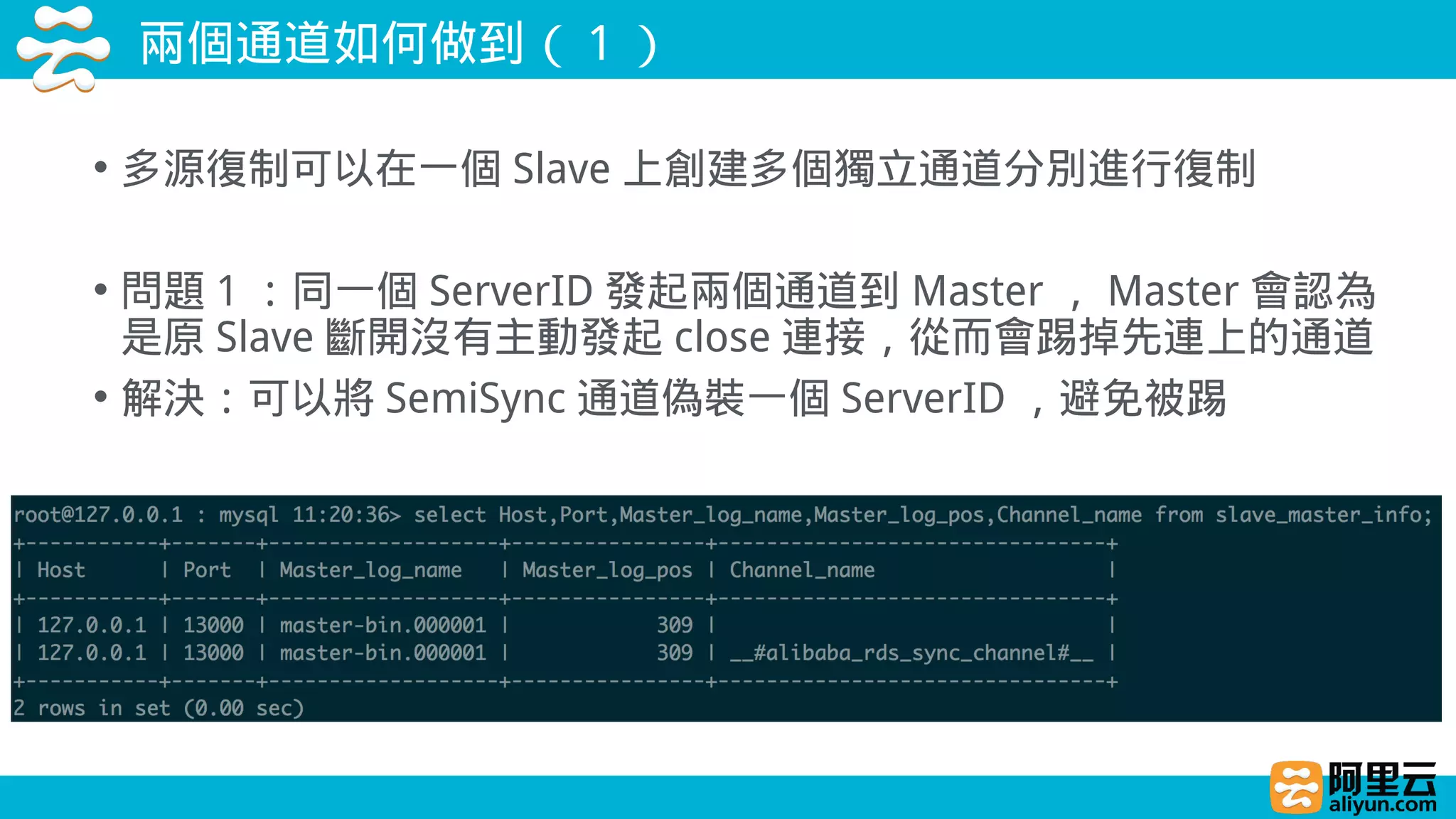兩個通道如何做到（ 1 ）
• 多源復制可以在一個 Slave 上創建多個獨立通道分別進行復制
• 問題 1 ：同一個 ServerID 發起兩個通道到 Master ， Master 會認為
是原 Slave 斷開沒有主動發起 close 連接，從而會踢掉先連上的通道
• 解決：可以將 SemiSync 通道偽裝一個 ServerID ，避免被踢
 