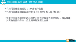 如何判斷兩個通道日志是否連續
• 利用兩個通道收到的 GTID 序號作對比
• 利用兩個通道收到日志的 Log_file_name 和 Log_file_pos
• 如果半同步通道的日志起始點小於等於異步通道結束點，那么備庫
其實有完整的日志，反之備庫無法跟上主庫
 