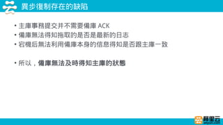 異步復制存在的缺陷
• 主庫事務提交并不需要備庫 ACK
• 備庫無法得知拖取的是否是最新的日志
• 宕機后無法利用備庫本身的信息得知是否跟主庫一致
• 所以，備庫無法及時得知主庫的狀態
 