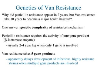 Genetics of Van Resistance
Why did penicillin resistance appear in 2 years, but Van resistance
take 30 years to become a major health hazzard?
One answer: genetic complexity of resistance mechanism
Penicillin resistance requires the activity of one gene product
(β-lactamase enzyme)
- usually 2-4 year lag when only 1 gene is involved
Van resistance takes 5 gene products
- apparently delays development of infectious, highly resistant
strains when multiple gene products are involved
 